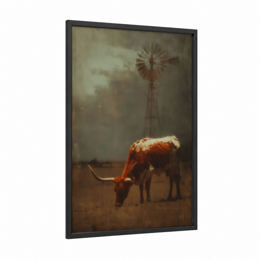 Rustic Longhorn framed longhorn cow print — black wood frame — russet and beige palette