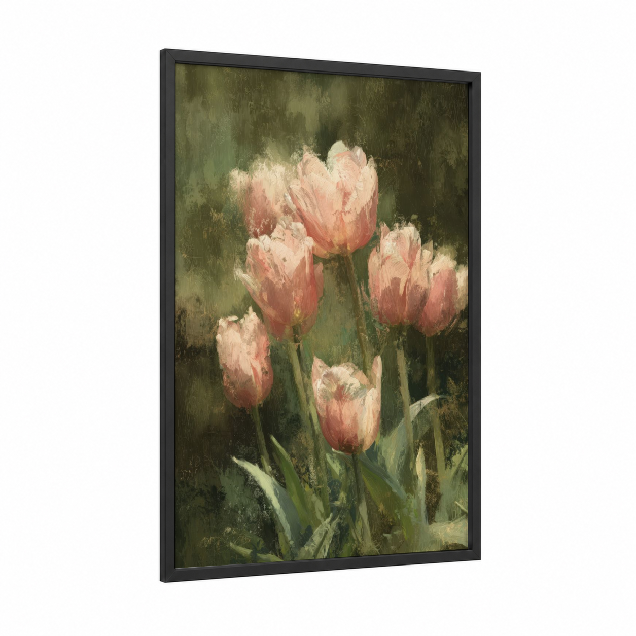 Blush Tulip Garden framed art print — black wood frame — sage green and salmon pink palette
