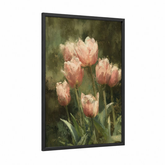 Blush Tulip Garden framed art print — black wood frame — sage green and salmon pink palette