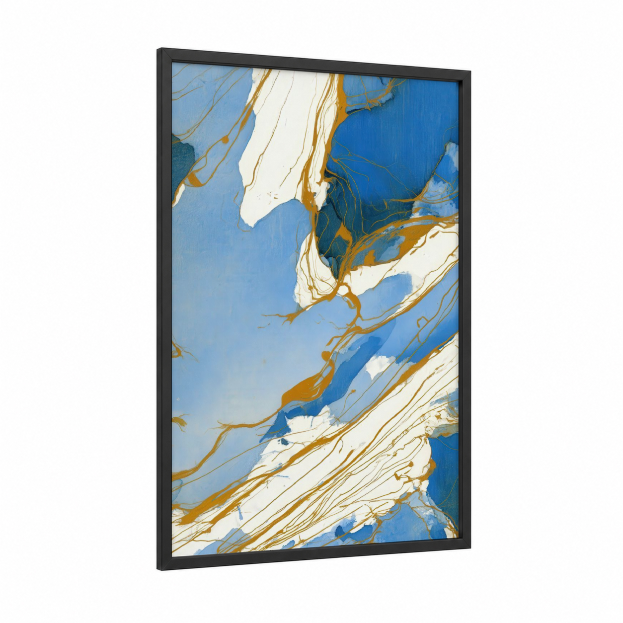 Azure Dove framed art print — black wood frame — blue and gold and white palette