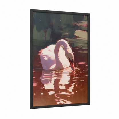 Graceful Swan Reflection framed art print — black wood frame — gold and white palette