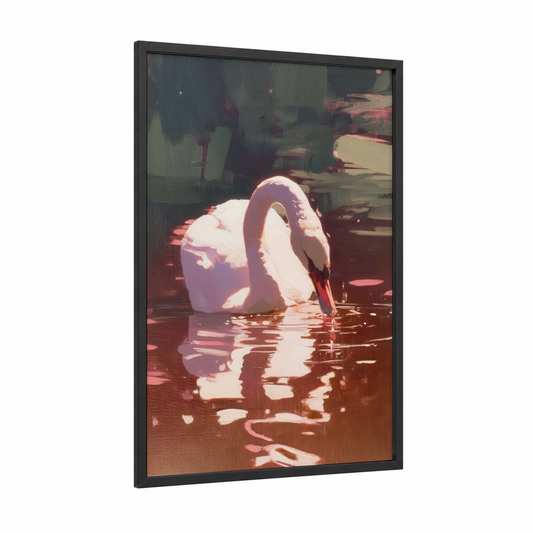 Graceful Swan Reflection framed art print — black wood frame — gold and white palette