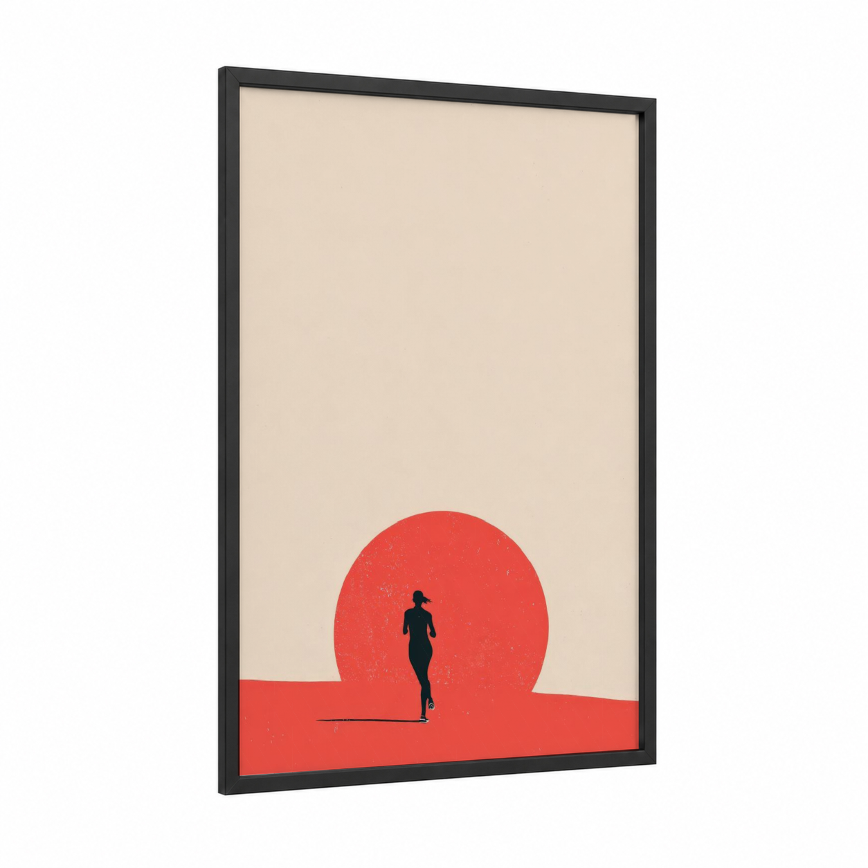 Sunrise Runner framed running print — black wood frame — red and beige palette