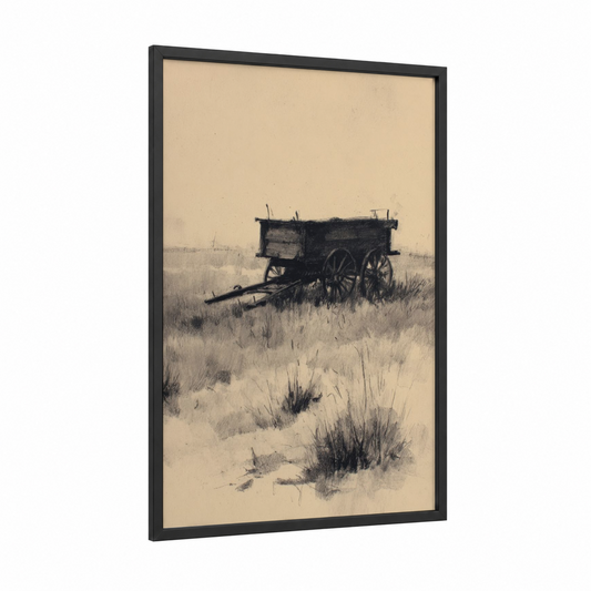 Abandoned Prairie Wagon framed art print — black wood frame — beige and black and white palette