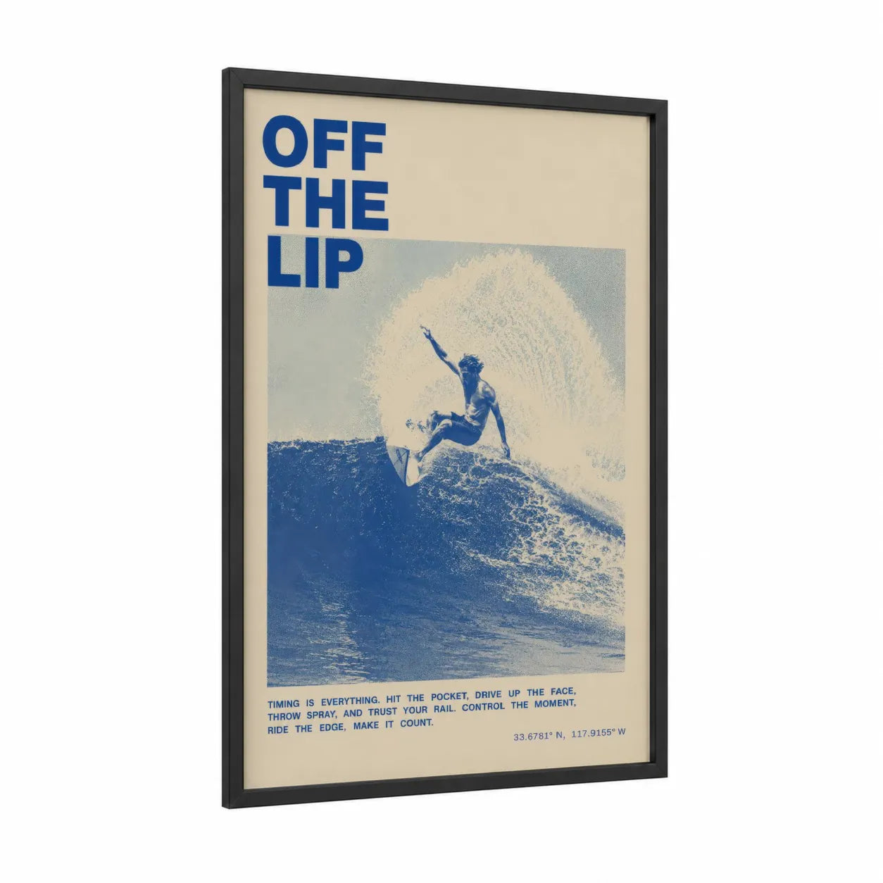 Retro Surfer Off The Lip Wall Art framed surfing print — black wood frame — blue and cream palette