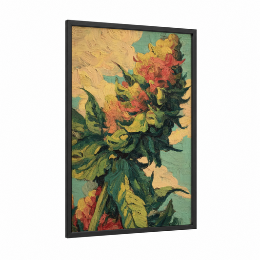 Golden Botanical Study framed cannabis print — black wood frame — gold and teal palette