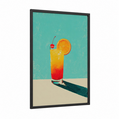Tropical Sunset Cocktail framed art print — black wood frame — turquoise and gold palette