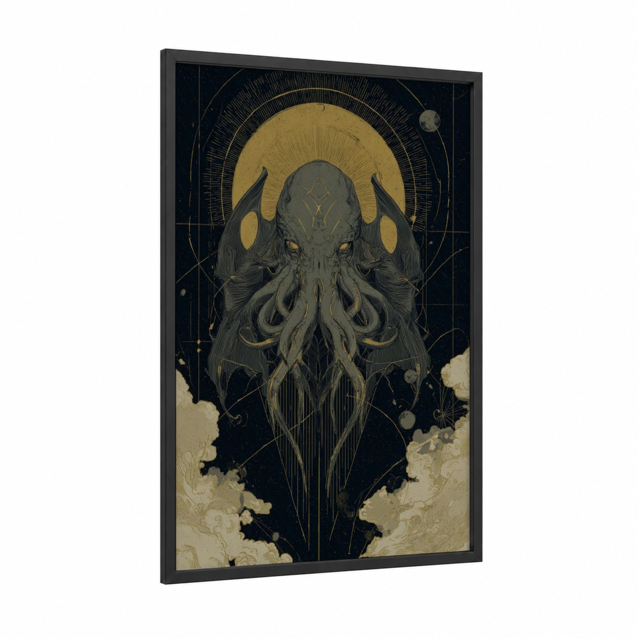 Cosmic Cthulhu framed art print — black wood frame — gold and black palette