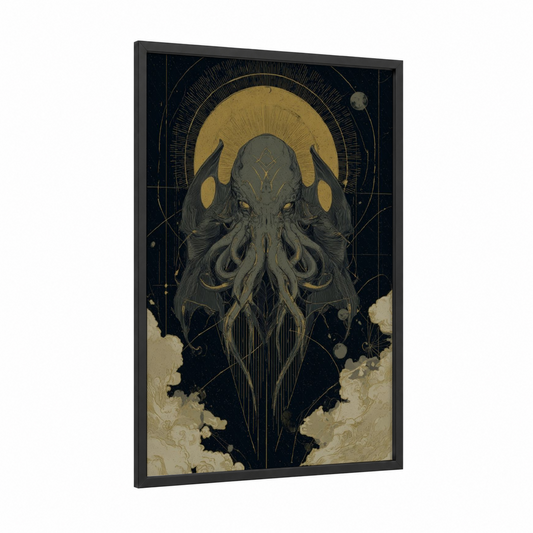 Cosmic Cthulhu framed art print — black wood frame — gold and black palette