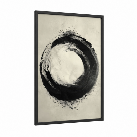 Enso Circle framed abstract minimalist print — black wood frame — black and white and cream palette