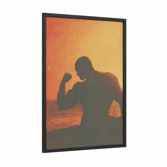 Sunset Strength framed bodybuilding print — black wood frame — orange and yellow gold palette