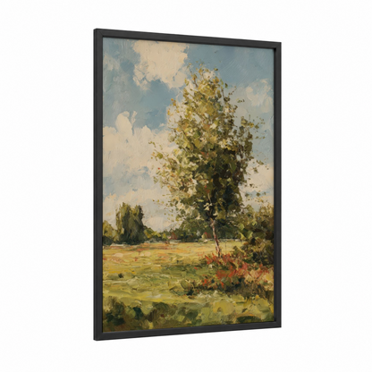 Sunlit Linden Tree framed art print — black wood frame — light green and gold palette