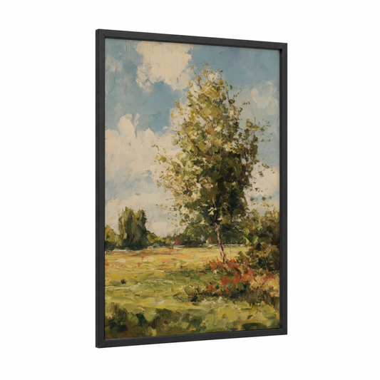 Sunlit Linden Tree framed art print — black wood frame — light green and gold palette