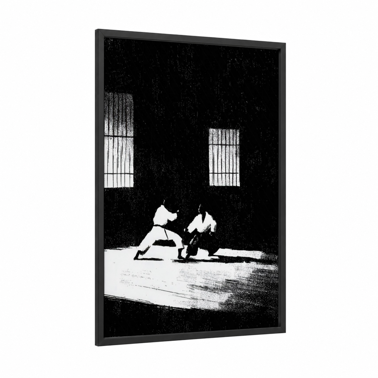 Dojo Sparring framed karate print — black wood frame — black and white palette