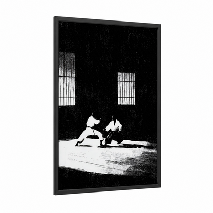 Dojo Sparring framed karate print — black wood frame — black and white palette