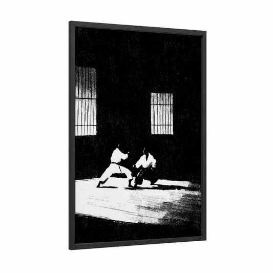 Dojo Sparring framed karate print — black wood frame — black and white palette