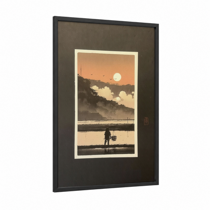 Golden Harvest Sunset framed various landscapes print — black wood frame — champagne gold and dark green palette