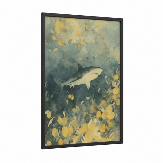 Golden Lemon Shark framed art print — black wood frame — gold and blue and gray palette