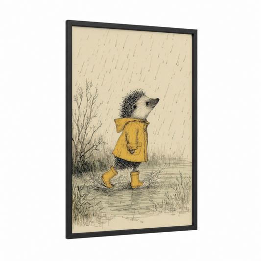 Rainy Day Hedgehog framed art print — black wood frame — cream and mustard palette