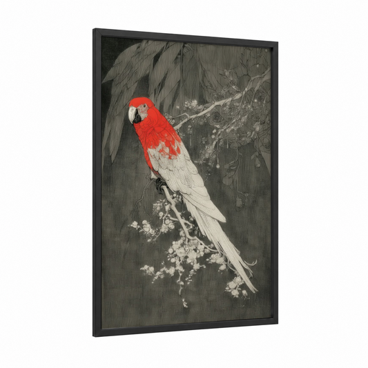Crimson Macaw Botanicals framed art print — black wood frame — red and gray and white palette