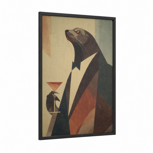 Dapper Sea Lion framed art print — black wood frame — beige palette