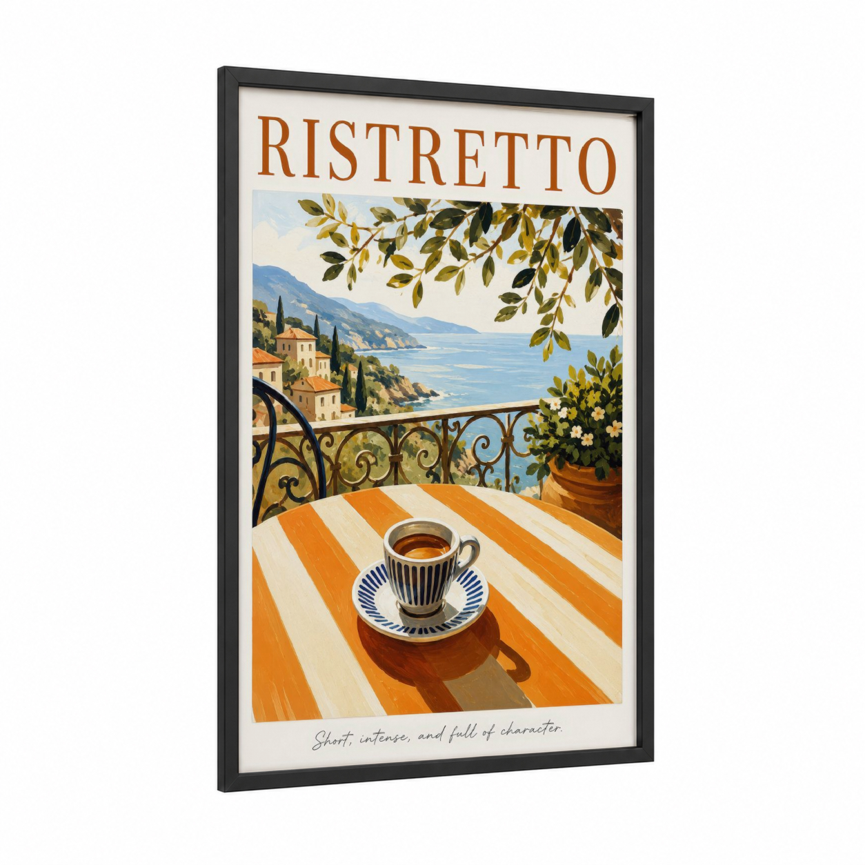 Italian Coastal Coffee Terrace Wall Art framed art print — black wood frame — orange and blue palette
