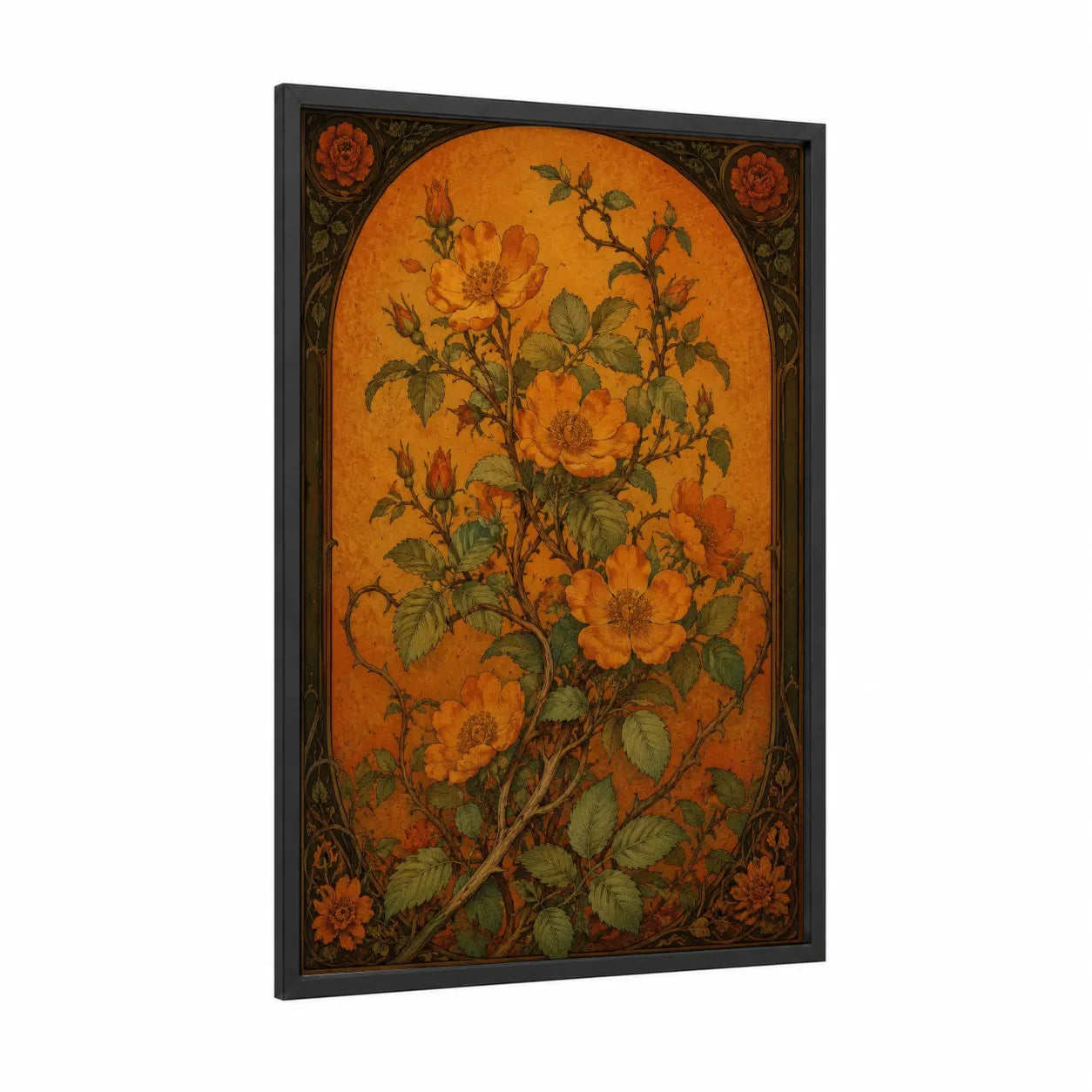 Vintage Orange Rose Botanical Wall Art framed roses print — black wood frame — orange and olive palette