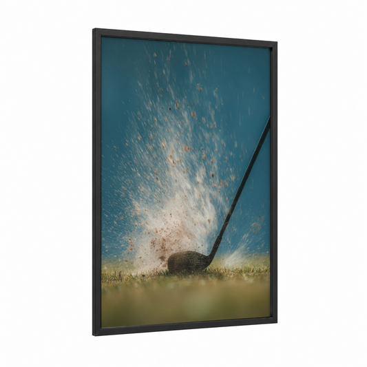 Golf Impact Spray framed art print — black wood frame — blue and light green palette