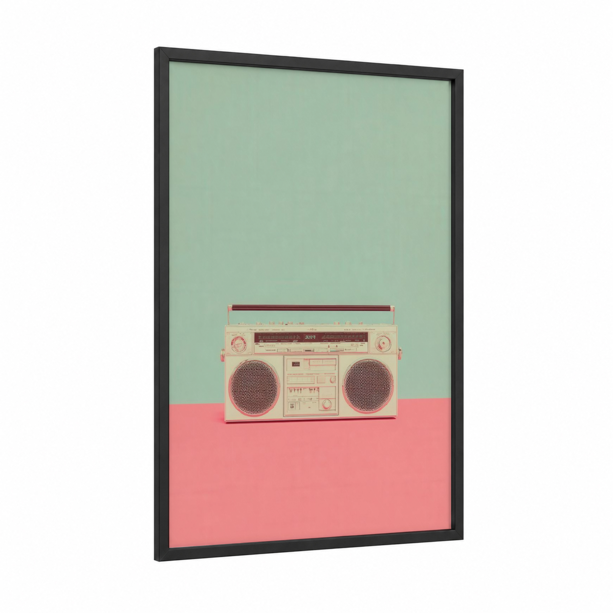 Vintage Cream Boombox framed art print — black wood frame — cream and salmon pink palette