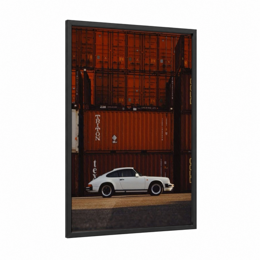 Vintage Porsche Profile framed sports car print — black wood frame — white and russet palette