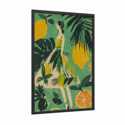 Tropical Fashion Woman framed fashion illustration print — black wood frame — green and yellow gold palette
