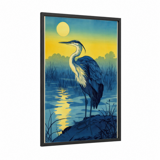 Sunrise Heron framed art print — black wood frame — blue and gold palette