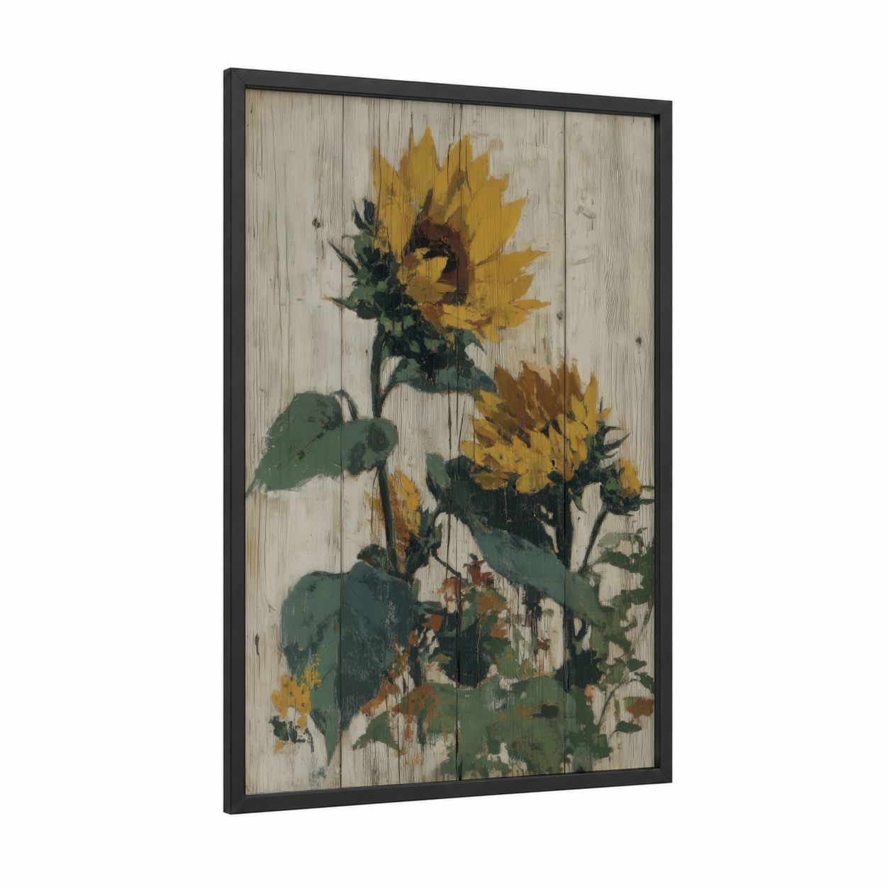 Rustic Sunflowers framed art print — black wood frame — gold and sage green palette