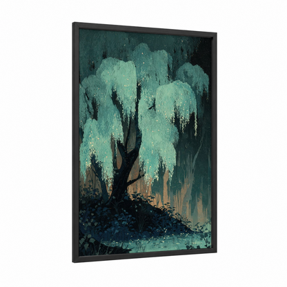 Luminous Willow framed willow tree print — black wood frame — teal and black palette