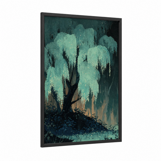 Luminous Willow framed willow tree print — black wood frame — teal and black palette