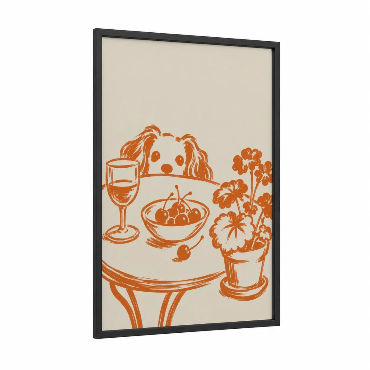 Curious Spaniel at Table Wall Art framed art print — black wood frame — orange and beige palette