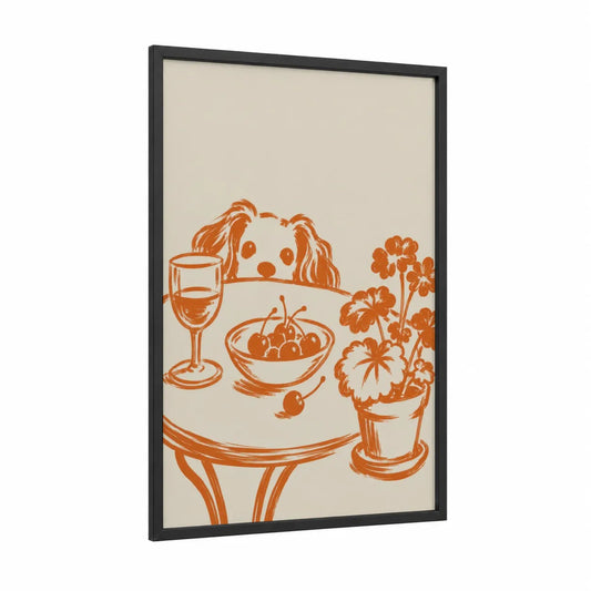 Curious Spaniel at Table Wall Art framed art print — black wood frame — orange and beige palette