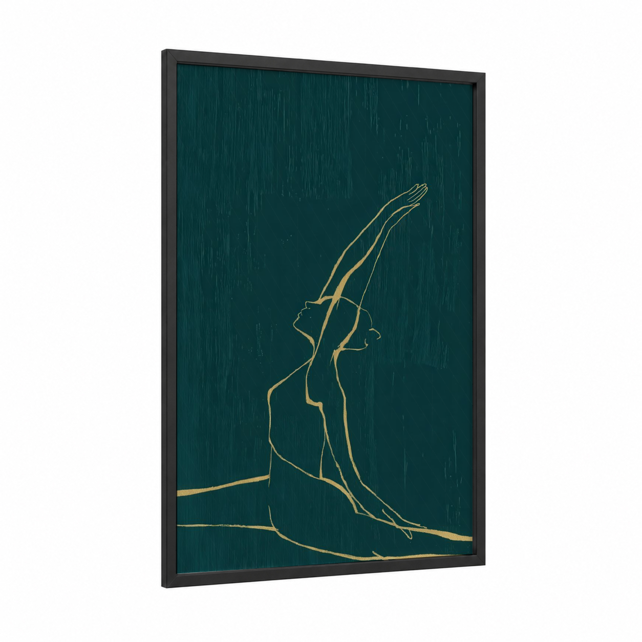 Golden Yoga Stretch framed fitness yoga print — black wood frame — teal and gold palette