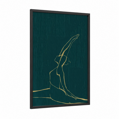 Golden Yoga Stretch framed fitness yoga print — black wood frame — teal and gold palette