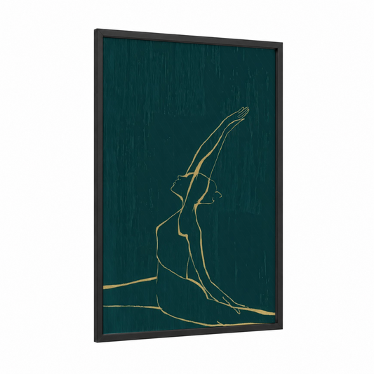 Golden Yoga Stretch framed fitness yoga print — black wood frame — teal and gold palette