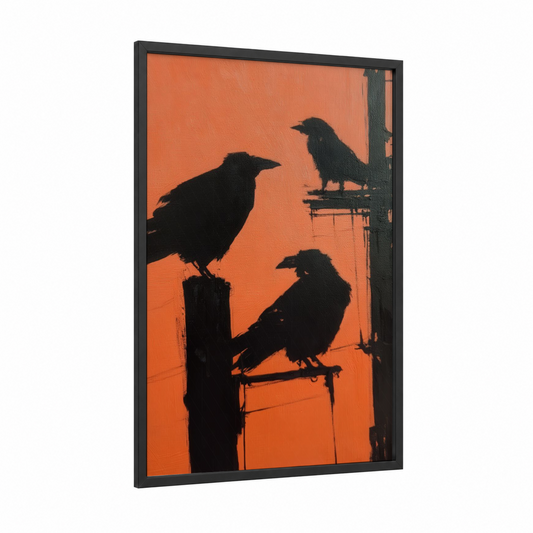 Sunset Crows framed crows and ravens print — black wood frame — orange and black palette
