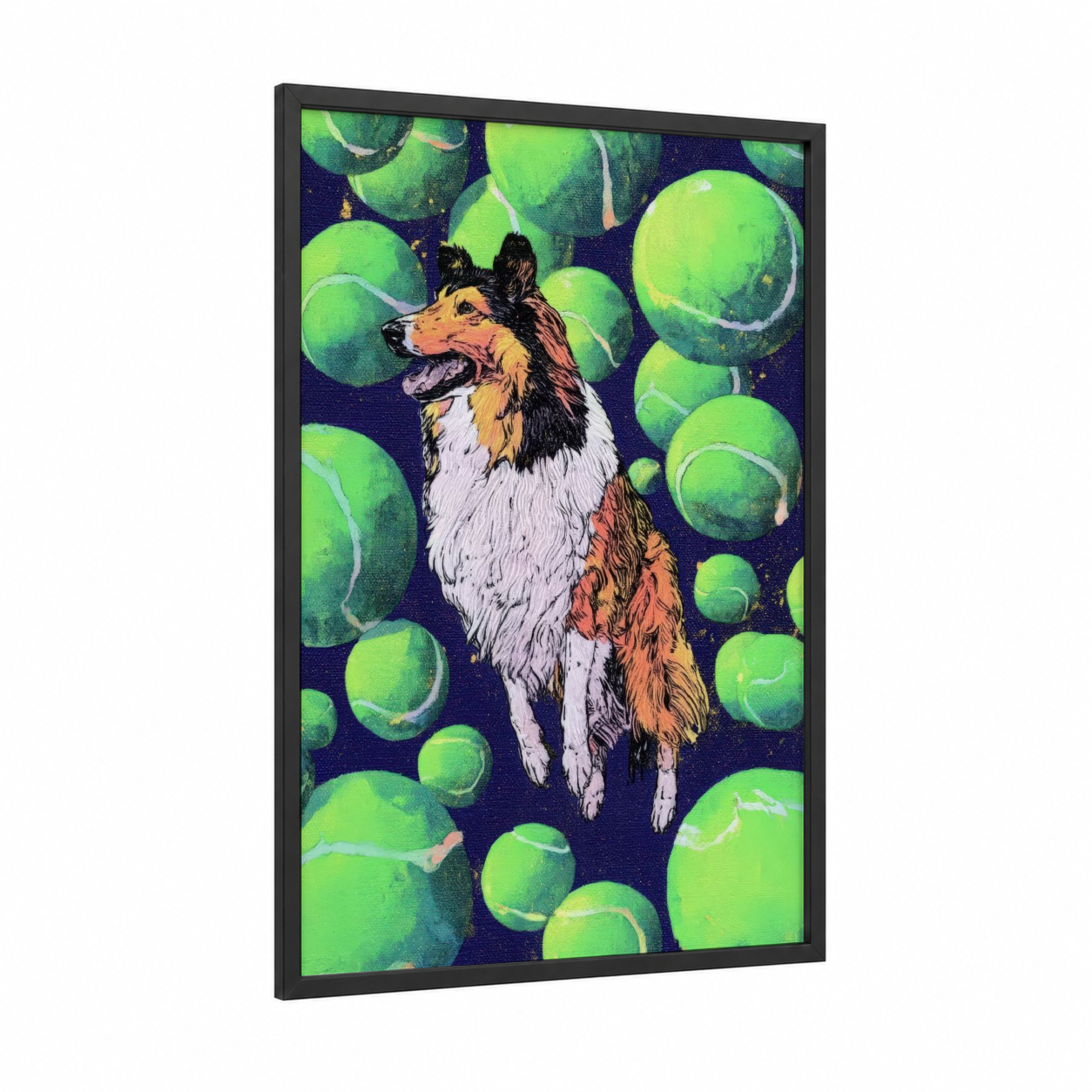 Tennis Ball Collie framed shepherd dogs and collies print — black wood frame — lime green palette