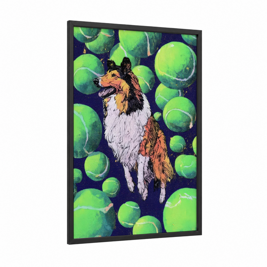 Tennis Ball Collie framed shepherd dogs and collies print — black wood frame — lime green palette