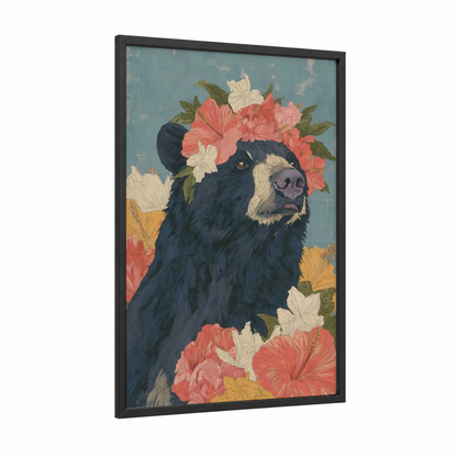 Floral Sloth Bear framed art print — black wood frame — blue and gold and salmon pink palette