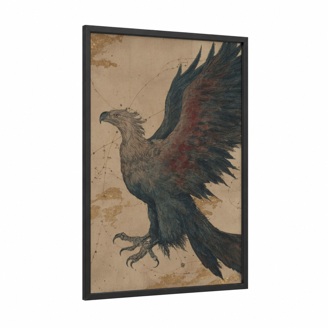 Celestial Griffin framed art print — black wood frame — cream and black and white palette