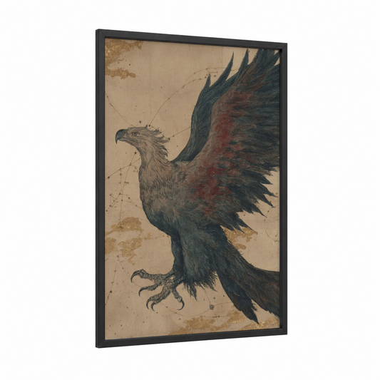 Celestial Griffin framed art print — black wood frame — cream and black and white palette