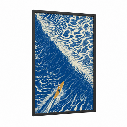 Aerial Surfer framed water surfing print — black wood frame — blue and white palette