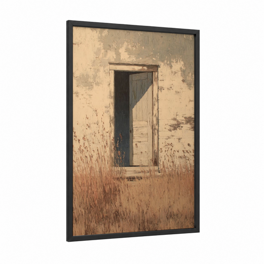 Weathered Doorway framed art print — black wood frame — cream and russet palette