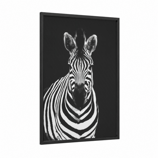 Monochrome Zebra framed art print — black wood frame — black and white palette