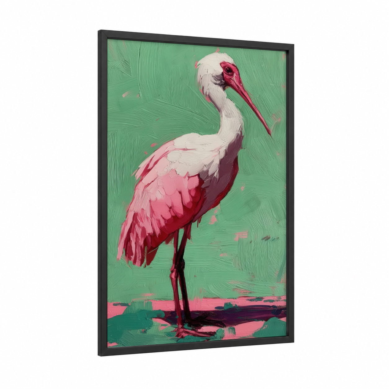 Pink Pelican framed art print — black wood frame — pink and green palette